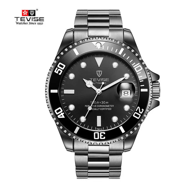 Tevise Luxury Automatic Wristwatch – Stainless Steel Men's Mechanical Watch with Date Calendar, Military Style, Diver Waterproof Design