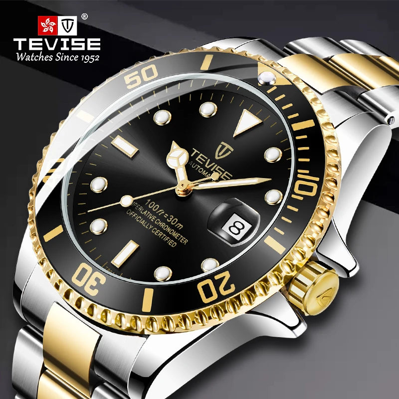 Tevise Luxury Automatic Wristwatch – Stainless Steel Men's Mechanical Watch with Date Calendar, Military Style, Diver Waterproof Design