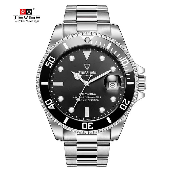 Tevise Luxury Automatic Wristwatch – Stainless Steel Men's Mechanical Watch with Date Calendar, Military Style, Diver Waterproof Design