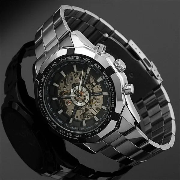 WINNER Automatic Watches Branded Men's Classic Stainless Steel Self - Wind Skeleton Mechanical Watch