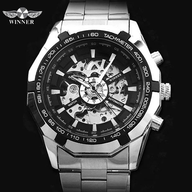 WINNER Automatic Watches Branded Men's Classic Stainless Steel Self - Wind Skeleton Mechanical Watch