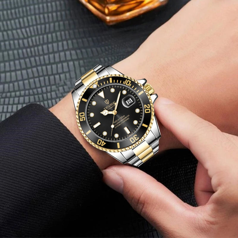 Tevise Luxury Automatic Wristwatch – Stainless Steel Men's Mechanical Watch with Date Calendar, Military Style, Diver Waterproof Design