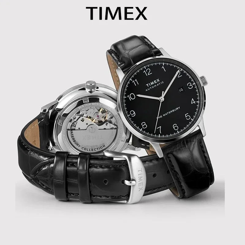 Relógio automático Timex com mecanismo visível e bracelete em pele