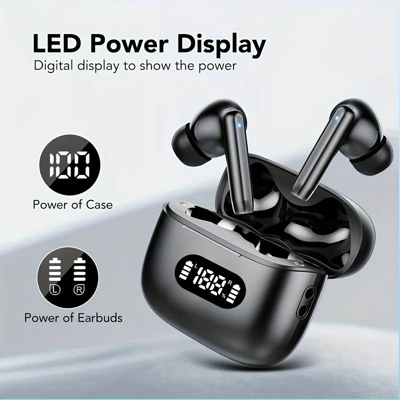 Auriculares Bluetooth 5.3 TWS com display LED para status de bateria dos fones e estojo. Cancelamento de ruído 40dB e modo transparência.