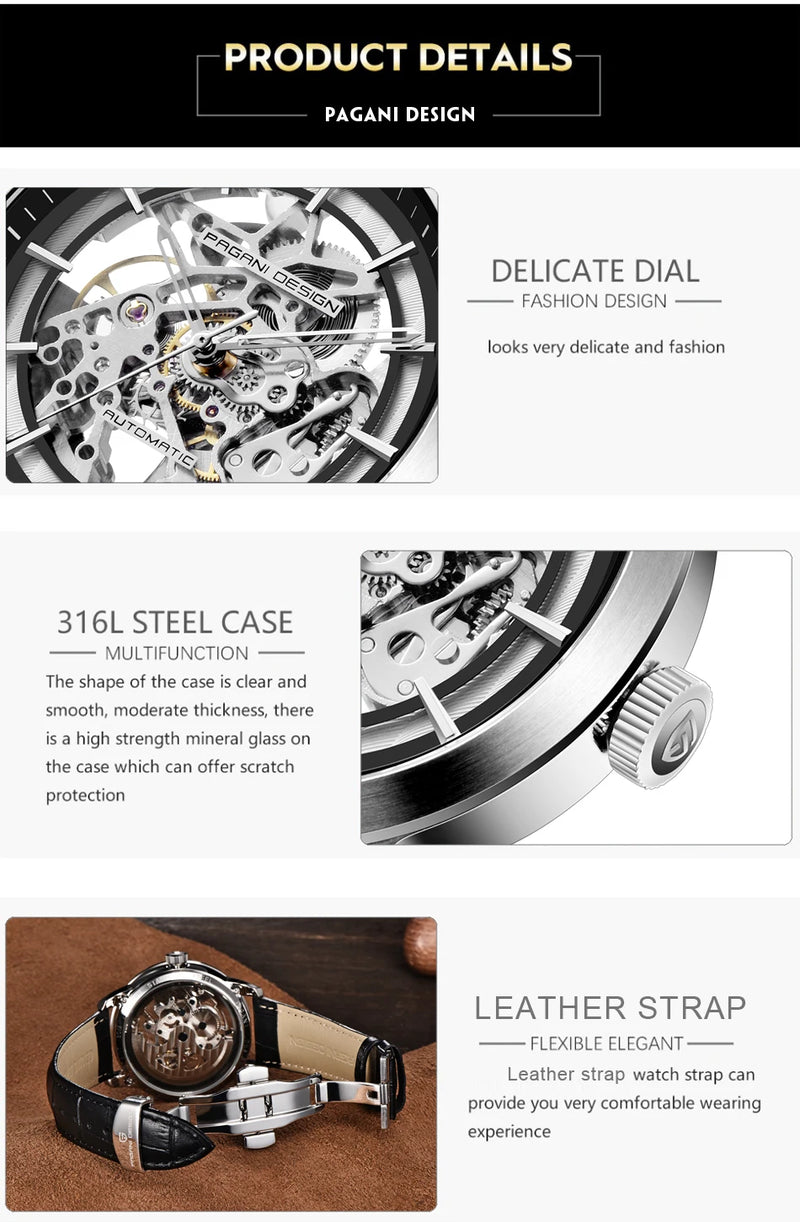 PAGANI DESIGN New Men Luxury Automatic Mechanical Watch Stainless Steel Waterproof Sports Leather Watch Relógio Masculino