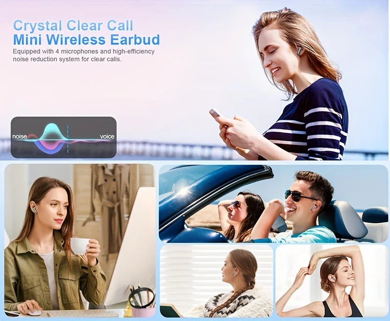 Auriculares Bluetooth 5.3 TWS com chamadas nítidas e sistema de redução de ruído. Ideal para uso ao ar livre e chamadas em movimento.