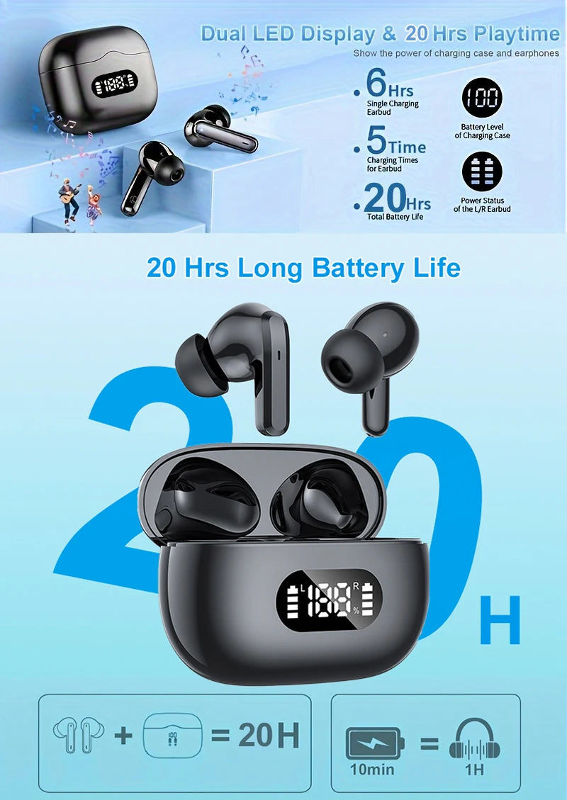 Auriculares Bluetooth 5.3 TWS com 20 horas de reprodução e display LED duplo. Cancelamento de ruído 40dB e carregamento eficiente.
