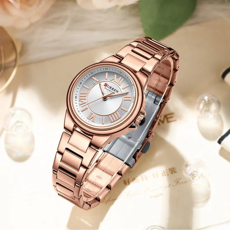 CURREN 9091 Women's Fashion Quartz Watch – Elegant Rose Gold Stainless Steel, Waterproof, Simple Roman Numerals, Casual Ladies' Timepiece