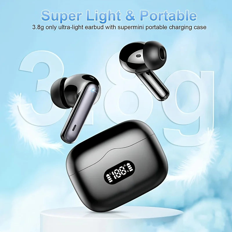 Auriculares Bluetooth 5.3 TWS super leves com apenas 3.8g e estojo portátil. Cancelamento de ruído 40dB e som de alta qualidade.