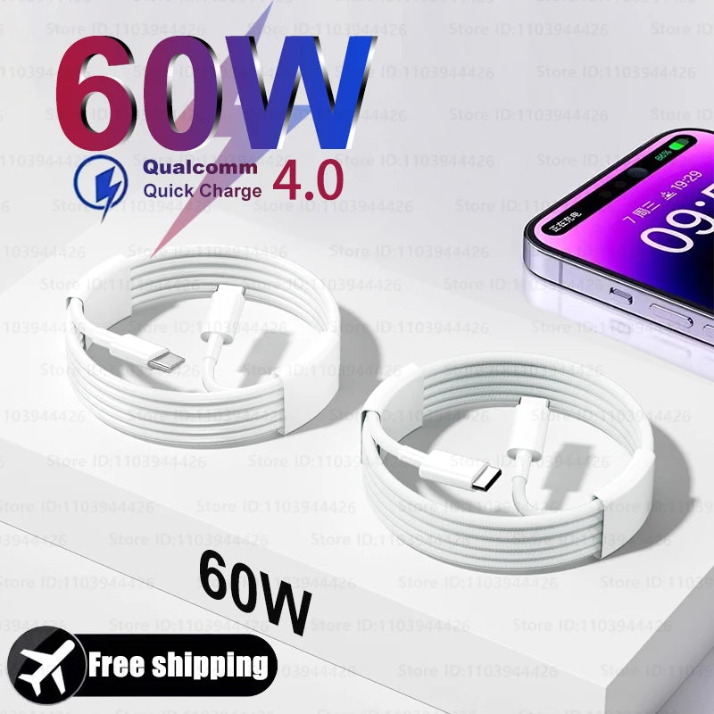 Original 60W PD Type-C to Type-C Cable – Fast Charging for iPhone 15 Pro Max, 16 Plus, Xiaomi, Redmi, Samsung, USB-C Weaving Data Cord