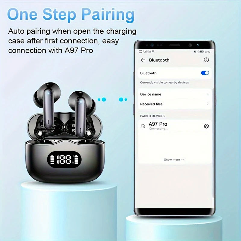 Auriculares Bluetooth 5.3 TWS com emparelhamento automático e conexão rápida via Bluetooth. Estojo com display LED e cancelamento de ruído 40dB.