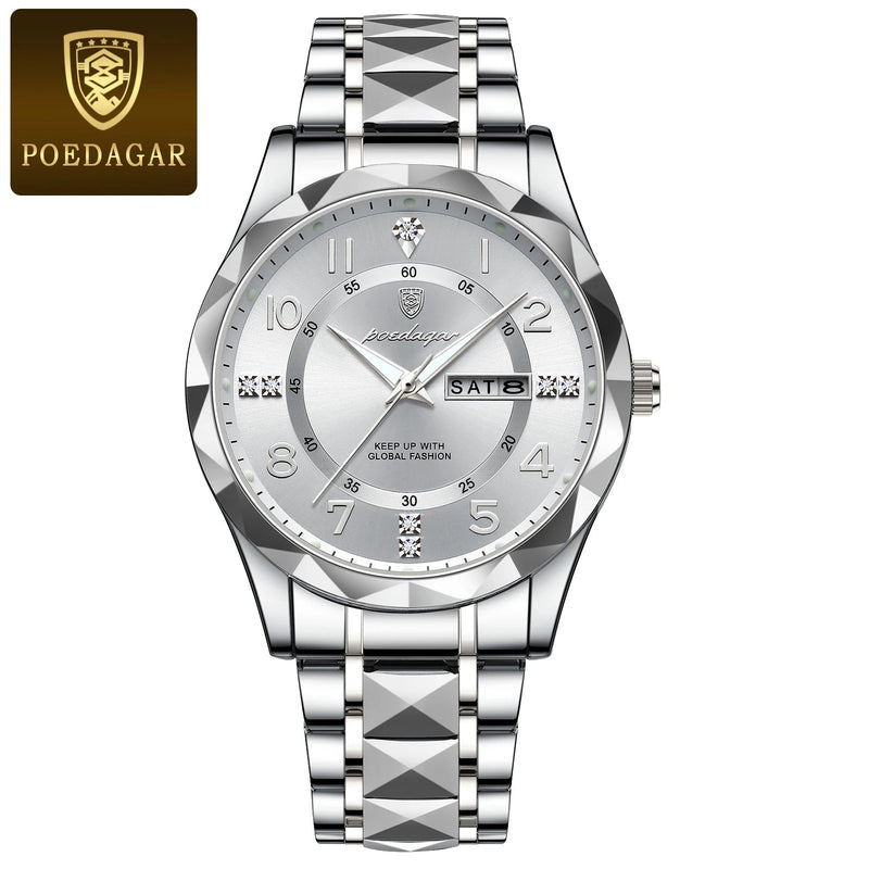 POEDAGAR Luxury Men Quartz Watch – Waterproof, Date & Week Display, Luminous Stainless Steel Wristwatch