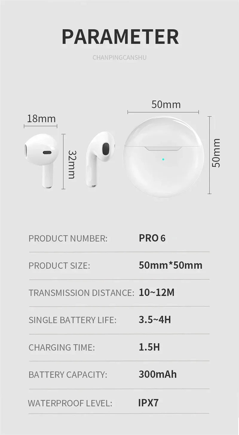 Air Pro 6 TWS Wireless Headphones Fone Bluetooth Earphones