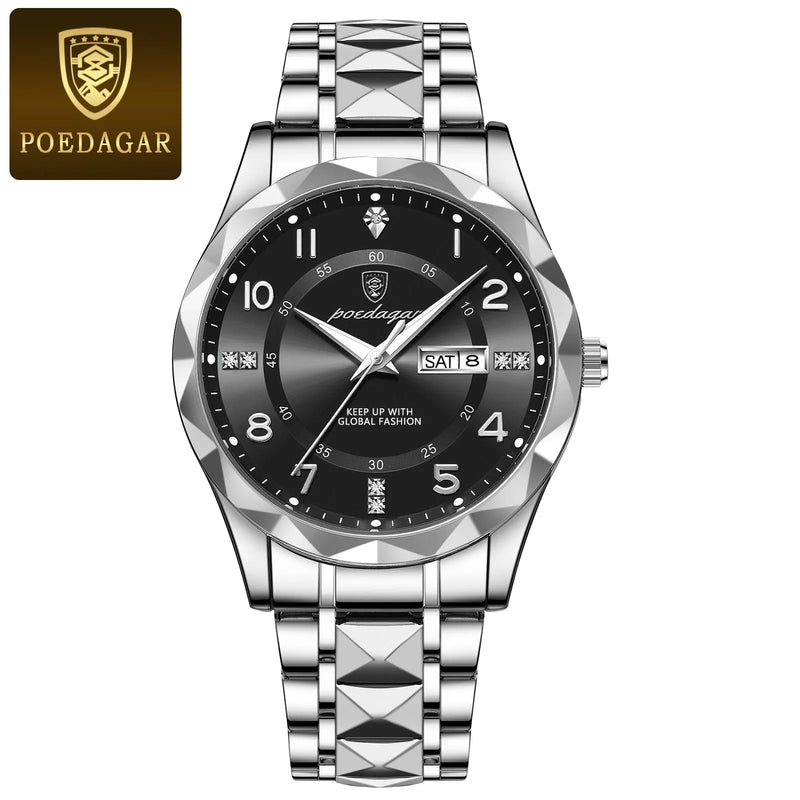 POEDAGAR Luxury Men Quartz Watch – Waterproof, Date & Week Display, Luminous Stainless Steel Wristwatch