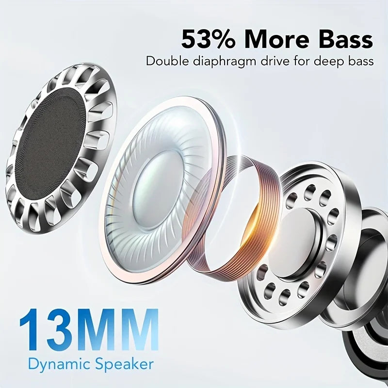 Auriculares Bluetooth 5.3 TWS com alto-falante dinâmico de 13mm e graves profundos. Cancelamento de ruído 40dB e som imersivo.