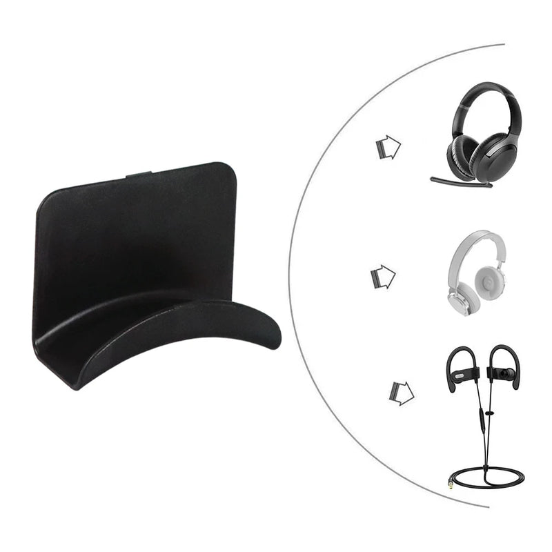 Black headphone stand with various headphone types