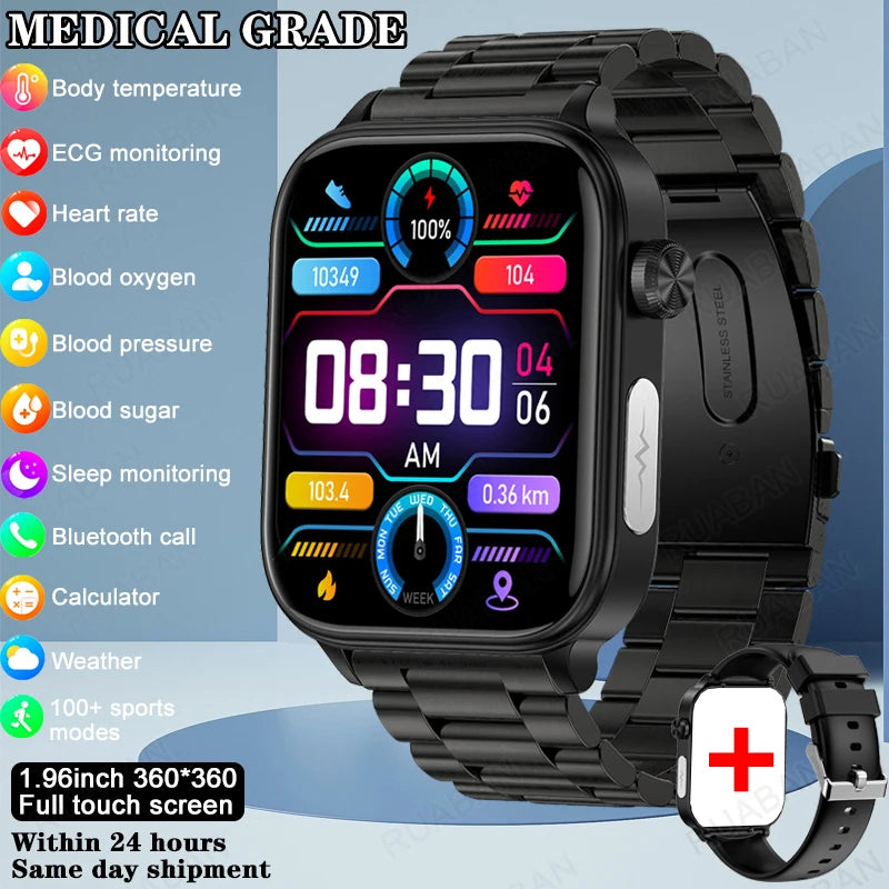 2024 New Medical Grade Smart Watch Women Blood Lipid Uric Acid Monitor Bluetooth Call SOS Watches Sport Health Smartwatch Men