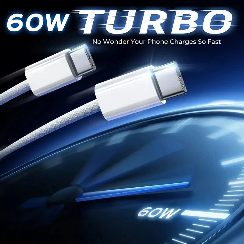 Original 60W PD Type-C to Type-C Cable – Fast Charging for iPhone 15 Pro Max, 16 Plus, Xiaomi, Redmi, Samsung, USB-C Weaving Data Cord