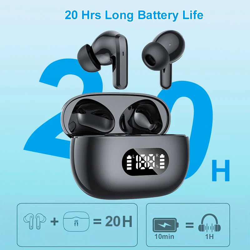 Auriculares Bluetooth 5.3 TWS com 20 horas de bateria total e carregamento rápido. Estojo com display LED e cancelamento de ruído 40dB.