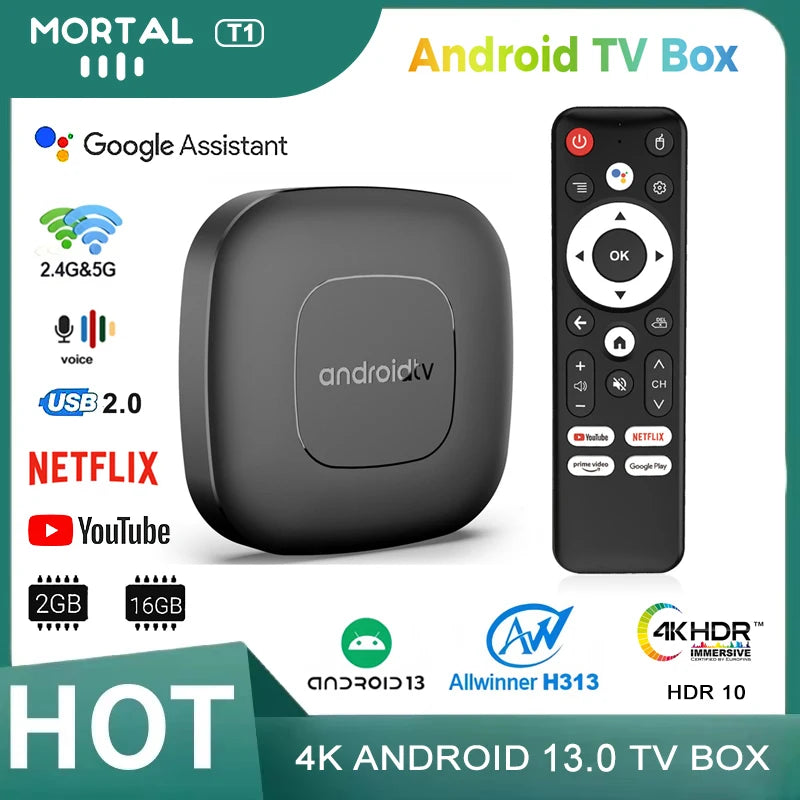 Mortal T1 Android 13 Smart TV Box – Allwinner H313, Google Assistant, Bluetooth, Dual-Band Wi-Fi 2.4G/5G, 4K Home Theater Streaming Media Player