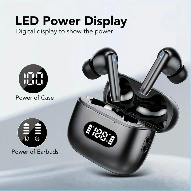 Auriculares Bluetooth 5.3 TWS com display LED que mostra o nível de bateria dos fones e do estojo. Cancelamento de ruído 40dB e modo transparência.