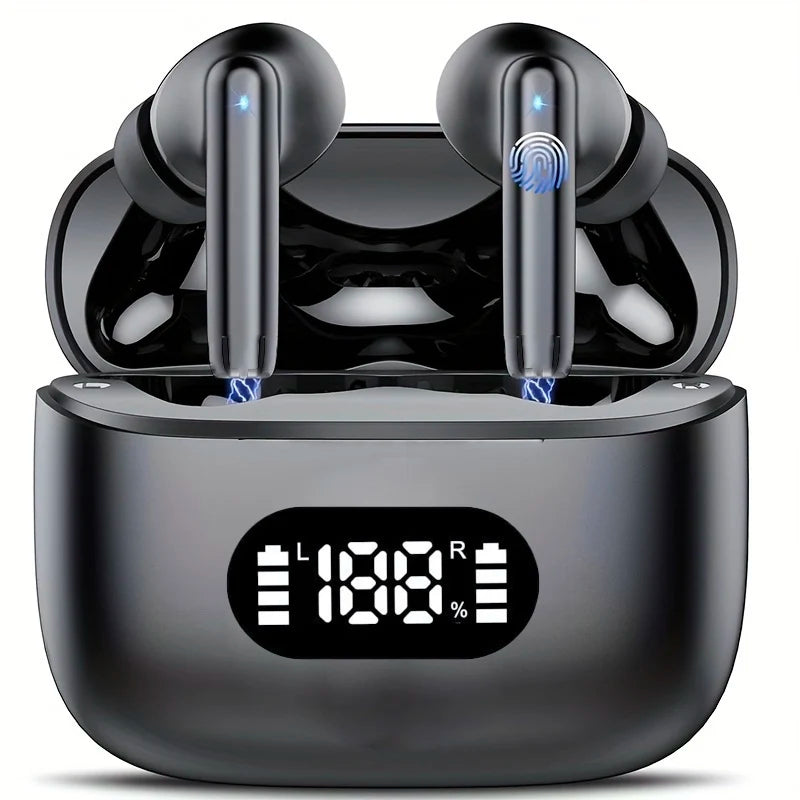 Auriculares Bluetooth 5.3 TWS com cancelamento de ruído 40dB e display LED de bateria em estojo de carregamento preto. Design moderno e ergonômico.