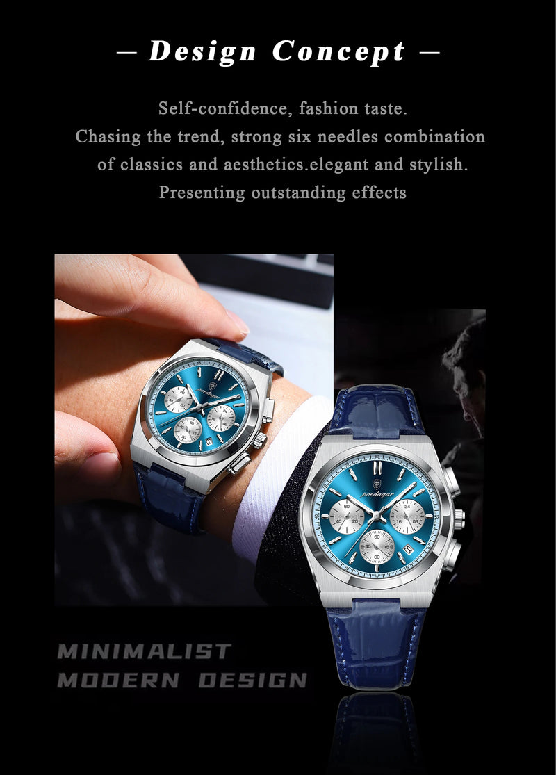 POEDAGAR Luxury Watch For Men Leather Sports Military Man Watch Waterproof Luminous Chronograph Date Quartz Men's Watches Reloj