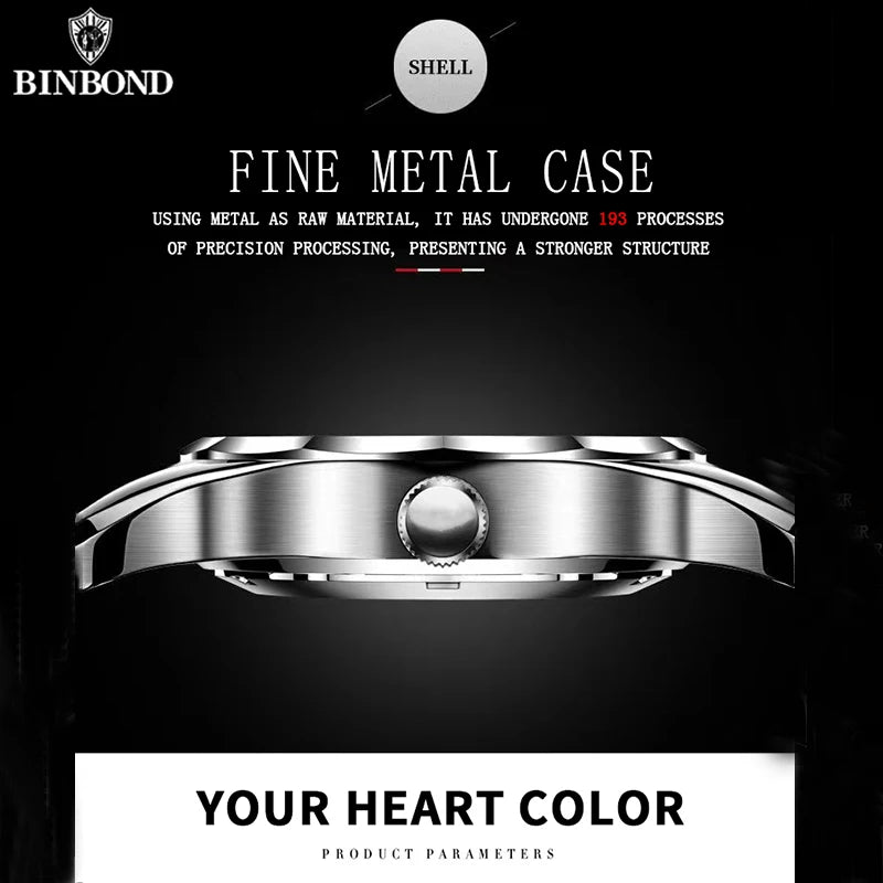 BINBOND B5552 International Fashion Business Quartz Men's Watch – Stainless Steel, 50M Waterproof, Luminous Design